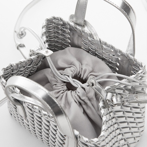 MANGO METALLIC SILVER DOUBLE-HANDLE BRAIDED WOVEN MINI BAG - Picture 3 of 6